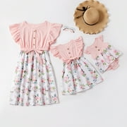 PatPat Family Matching Dresses Pink Baby Girl 0-3 Months Mosaic Flutter-sleeve Pink Stitching White Floral Matching Midi Dresses