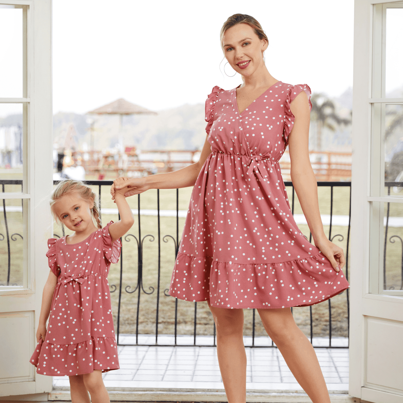 PatPat Family Matching Dresses Pink Kids Girl 10-11T All Over Dots Pink Cross Wrap V Neck Ruffle Flutter-sleeve Dress for Mom and Me, Girl Dresses