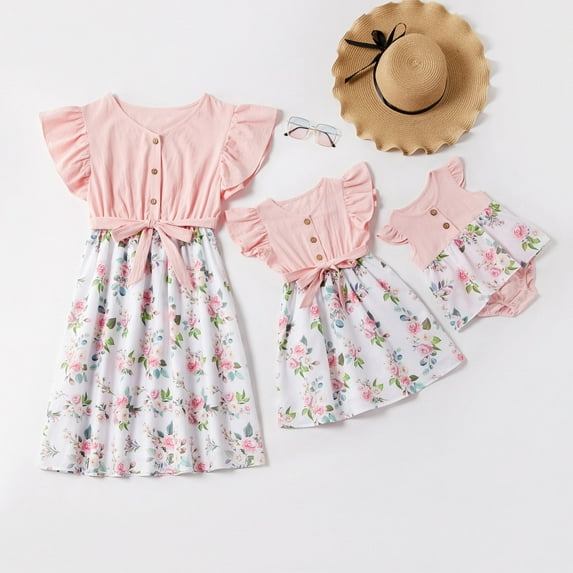 PatPat Family Matching Dresses Pink Kids Girl 6-7T Mosaic Flutter-sleeve Pink Stitching White Floral Matching Midi Dresses, Girl Dresses