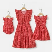 PATPAT Family Matching Dresses Pink Kids Girl 8-9T Mommy and Me Allover Print Ruffle-sleeve Belted Flowy Dresses