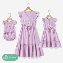 PatPat Family Matching Dresses Purple Baby Girl 12-18M Mommy and Me Solid Color Purple Button Cotton V-neck Tiered Dress