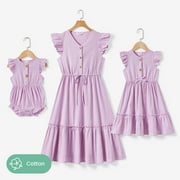 PATPAT Family Matching Dresses Purple Kids Girl 6-7T Mommy and Me Solid Color Purple Button Cotton V-neck Tiered Dress, Girl Dresses