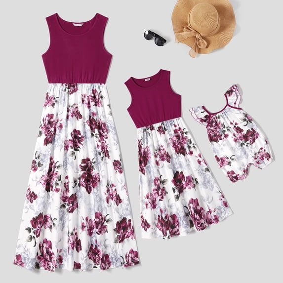 PatPat Family Matching Dresses Purple Toddler Girl 2T Mommy and Me Floral Panel Tank Dresses,Clearance