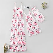 PatPat Family Matching Dresses White Baby Girl 6-9 Months Floral Print Matching White Sling Maxi Dresses,Clearance