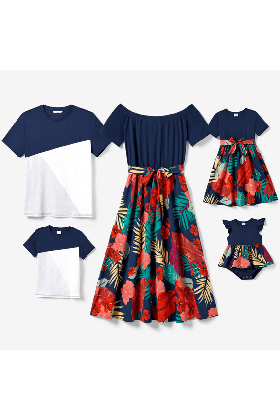 Family Matching Floral Off-Shoulder Belted Dress and Short Sleeve Colorblock T-shirt Sets, Blue, Boy 4-5 Years
