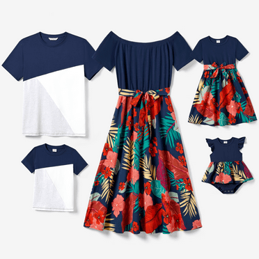 PatPat Family Matching Floral Off-Shoulder Belted Dress and Short Sleeve Colorblock T-shirt Sets, Blue, Girl 6-7 Years