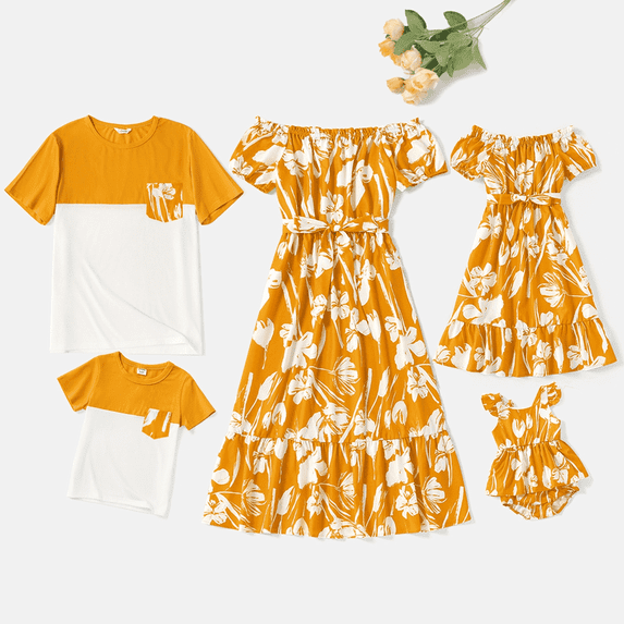 PatPat Family Matching Floral Print Off Shoulder Belted Dresses and Short-sleeve Colorblock T-shirts Sets, Yellow, Boy 6-7 Years