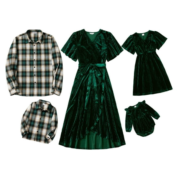 PatPat Family Matching Green Velvet Surplice Neck Ruffle-sleeve Dresses and Plaid Shirts Sets