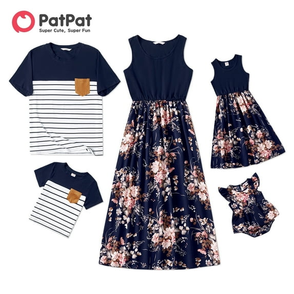PatPat Family Matching Sleeveless Floral Print Spliced Midi Dresses and Short-sleeve Striped T-shirts Sets