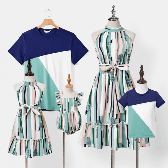 PatPat Family Matching Multi-Color Vertical Strip High Neck Halter Dress and Colorblock T-Shirt Sets, Multicolor, Baby Girl 3-6M