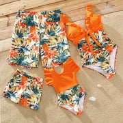 PatPat Family Matching Orange and All Over Tropical Plant Print Splicing Ruffle One-Piece Swimsuit and Swim Trunks Shorts