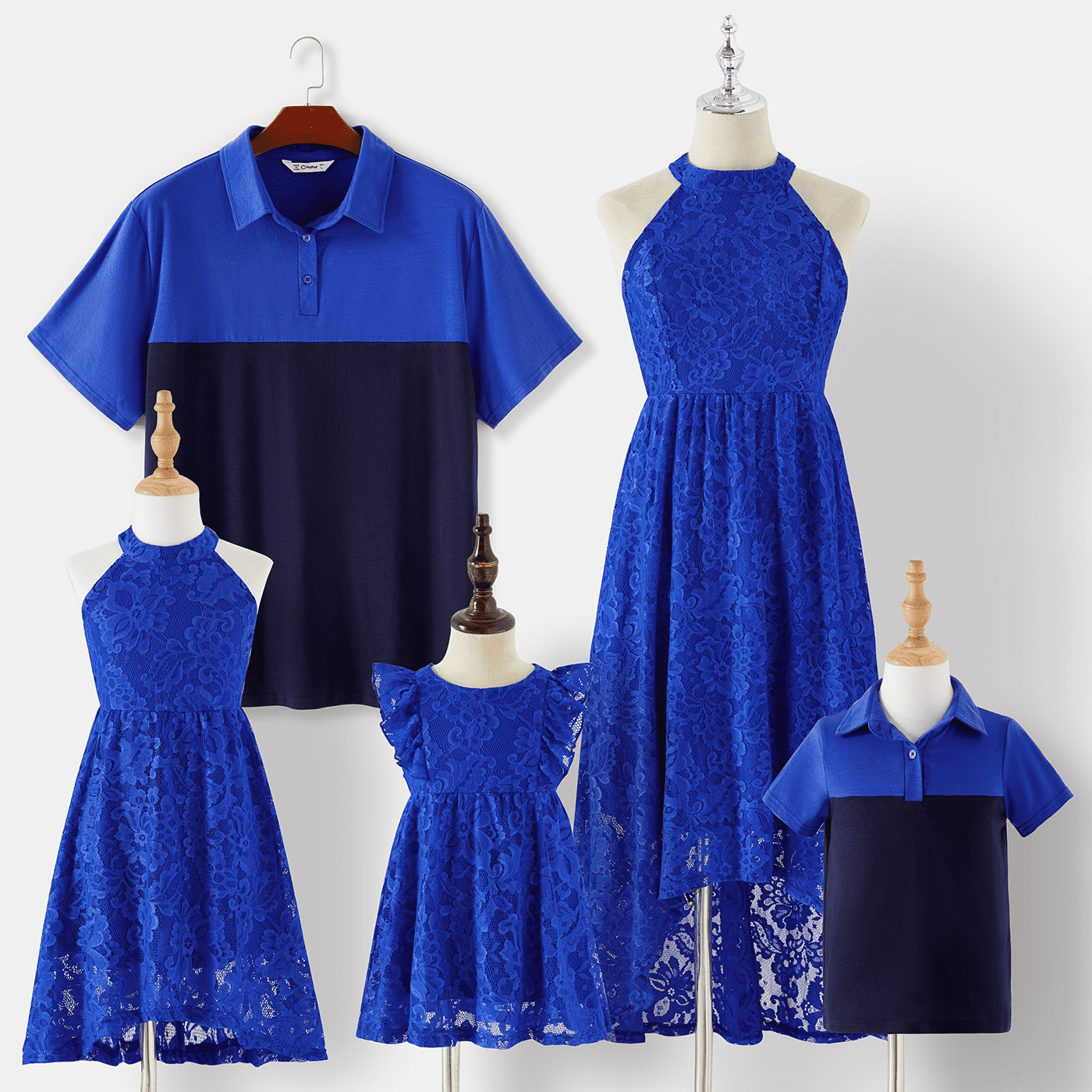 Family Matching Blue Colorblock Tee or Leaf Print Smocking Puff-sleeve Dress Set Blue