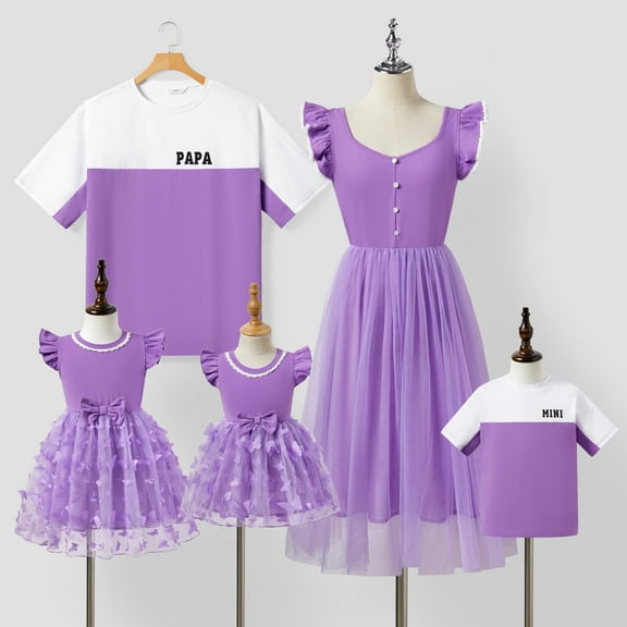 PatPat Family Matching Outfit Sets Purple Party Dress Button Ruffle Sleeves Spliced Mesh Dress and Colorblock T-shirt Sets