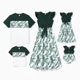 thumbnail image 1 of PatPat Family Matching Outfits Baby Girl Clothes Romper Bodysuit Flutter Sleeve Ruffle Collar Button Front Tropical Leaf Print Snap Crotch One Piece Outfit, Army green, Baby Girl: 9-12M, 1 of 6