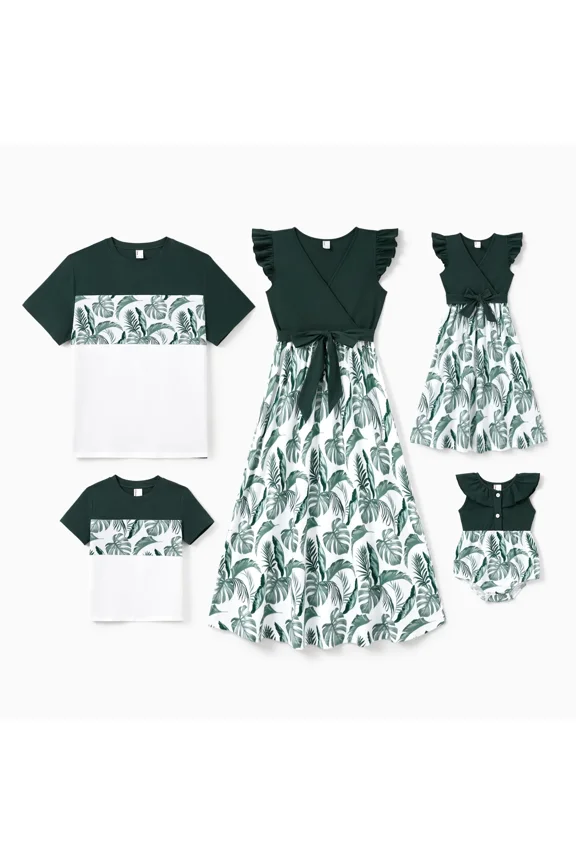 Family Matching Outfits Baby Girl Clothes Romper Bodysuit Flutter Sleeve Ruffle Collar Button Front Tropical Leaf Print Snap Crotch One Piece Outfit, Army green, Baby Girl: 12-18M