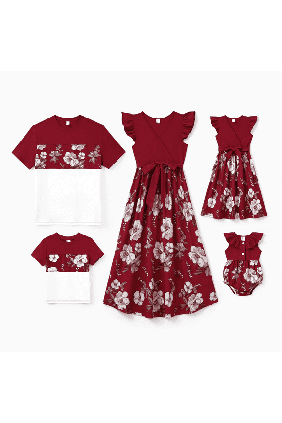 Family Matching Outfits Baby Girl Clothes Romper Bodysuit Flutter Sleeve Ruffle Collar Button Front Tropical Leaf Print Snap Crotch One Piece Outfit, Burgundy, Baby Girl: 6-9M