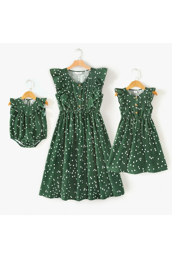 Family Matching Outfits Mommy and Me Dress Allover Polka Dots Dark Green Ruffle Trim Tank Dress for Mom and Me Mother's Day Clothes for Mom, Girl Dresses
