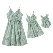 PATPAT Family Matching Outfits Mommy and Me Dresses Sleeveless Green Dress for Women Spaghetti Strap A-line Midi Wrap Dress Beach Boho Mother Daughter Matching Outfits