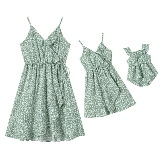 PatPat Family Matching Outfits Mommy and Me Dresses Sleeveless Green Dress for Women Spaghetti Strap A-line Midi Wrap Dress Beach Boho Mother Daughter Matching Outfits