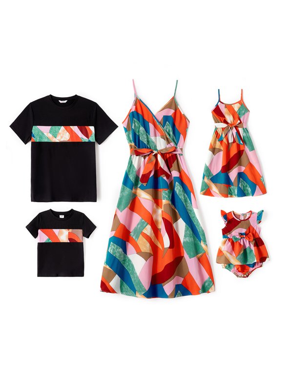 Family Matching Outfits Mommy and Me Cami Dresses and Short-sleeve T-shirts Sets for Women