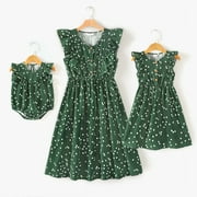 PatPat Family Matching Outfits Mommy and Me Dress Allover Polka Dots Dark Green Ruffle Trim Tank Dress for Mom and Me Mother's Day Clothes for Mom