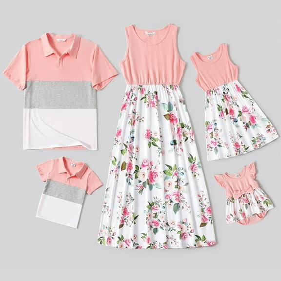 PatPat Men Shirts Short Sleeve Polo Shirts Graphic Tees Color Block Family Matching Tops, Pink, Men M