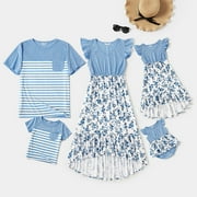 Family Matching Outfits Mommy and Me Dresses and Striped T-shirts Sets, Girl 2-9 T