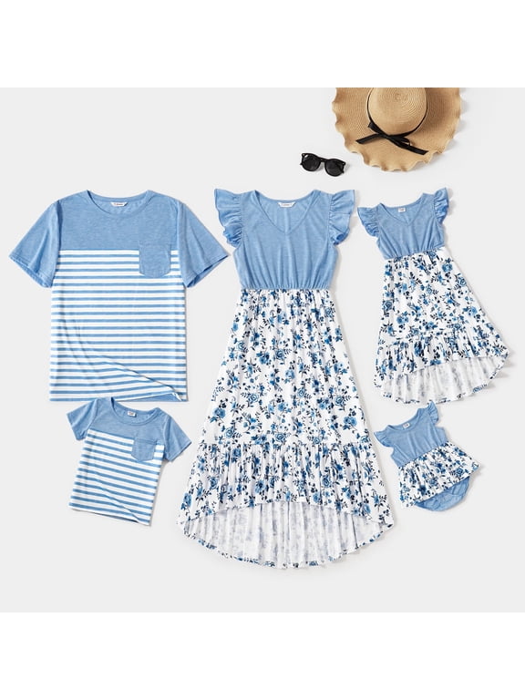 Family Matching Outfits Mommy and Me Dresses and Striped T-shirts Sets, Girl 2-9 T