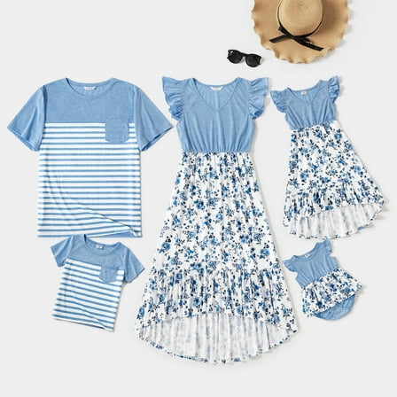 PatPat Family Matching Outfits Mommy and Me Dresses and Striped T-shirts Sets Women Dress