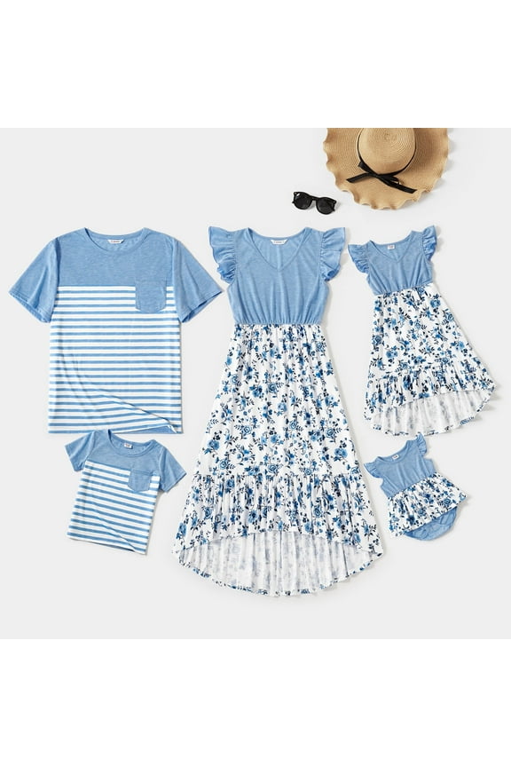 Family Matching Outfits Mommy and Me Dresses and Striped T-shirts Sets for Men