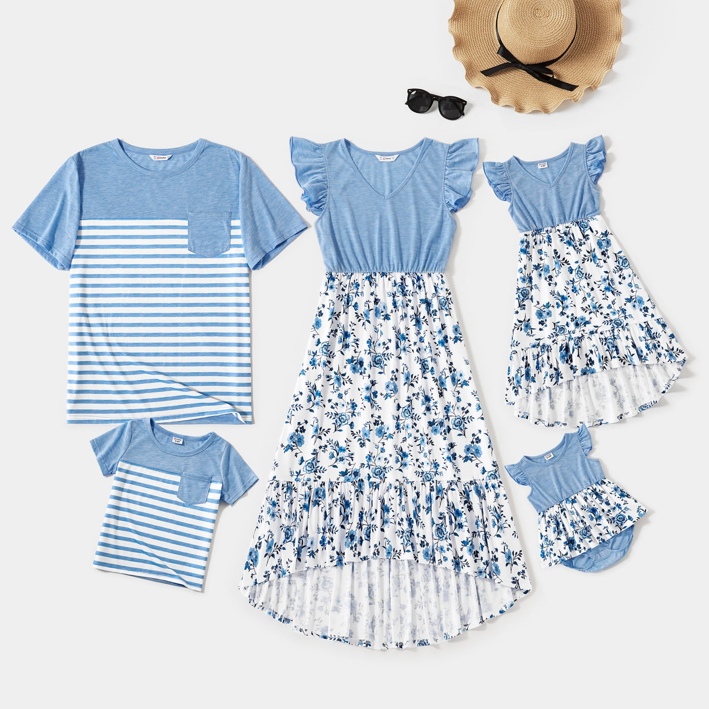 Family Matching Striped V Neck Dresses and Colorblock Short-sleeve T-shirts Sets