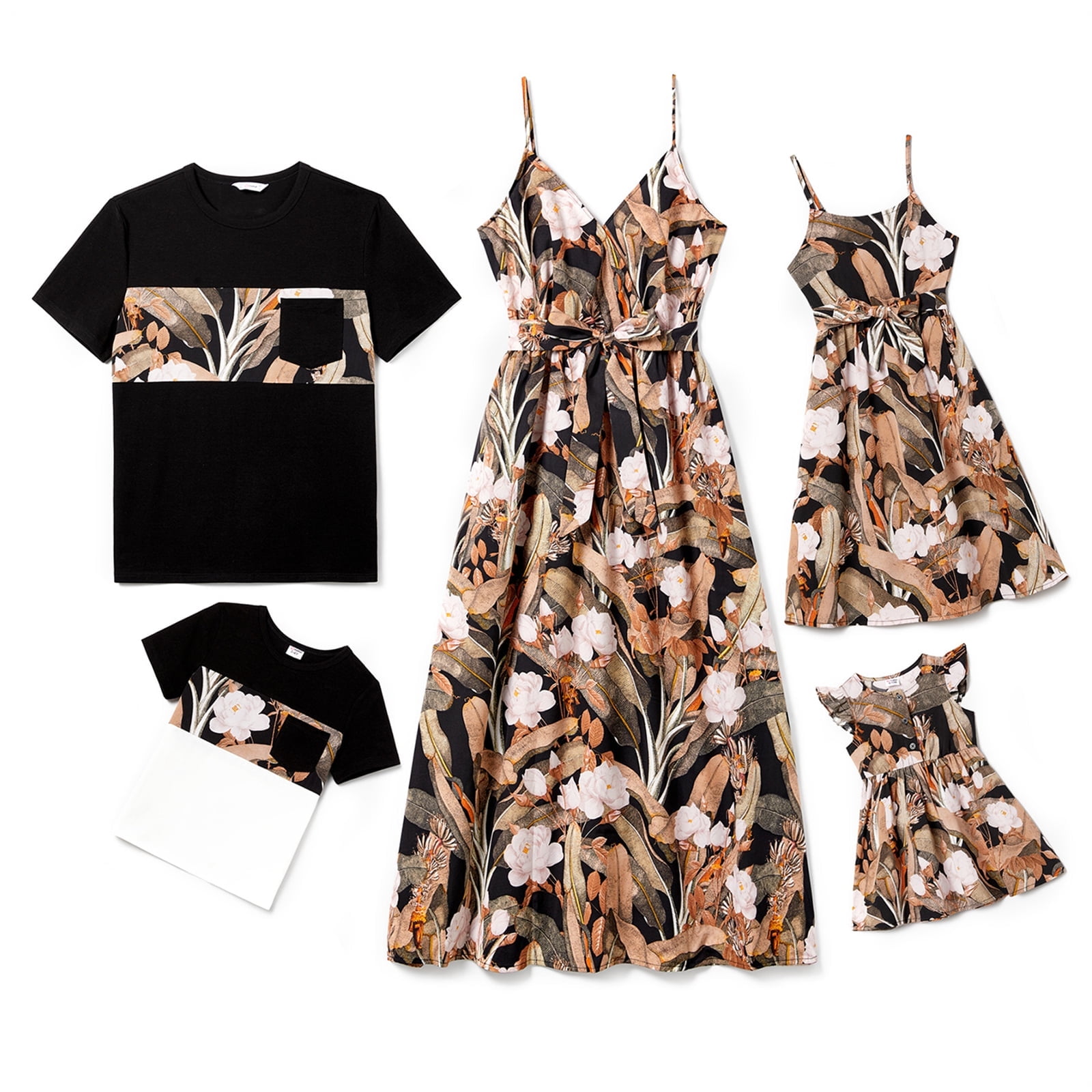 PatPat Family Matching Outfits Mommy and Me Flower Black TShirts and Dresses Sets for Women