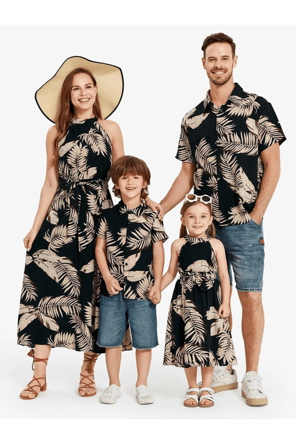 Family Matching Outfits Mommy and Me Hawaiian Shirt for Boy Short-sleeve Caribbean Boy Dress Shirts for Toddler Kid,2-7Y