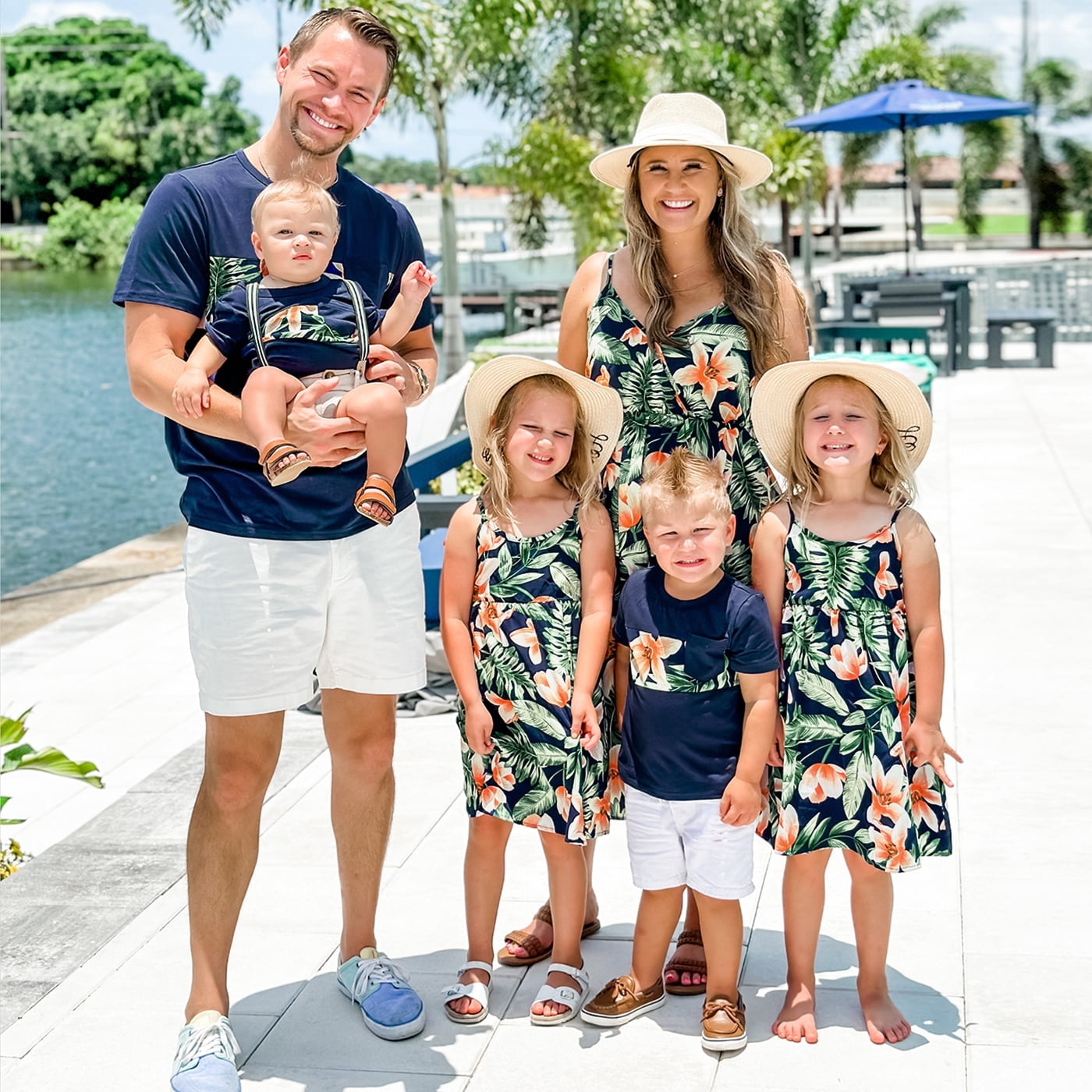 PATPAT Family Matching Hawaiian Outfits - Mommy & Me Tropical Halter Sundresses & Shirts, White Floral Print - View #5