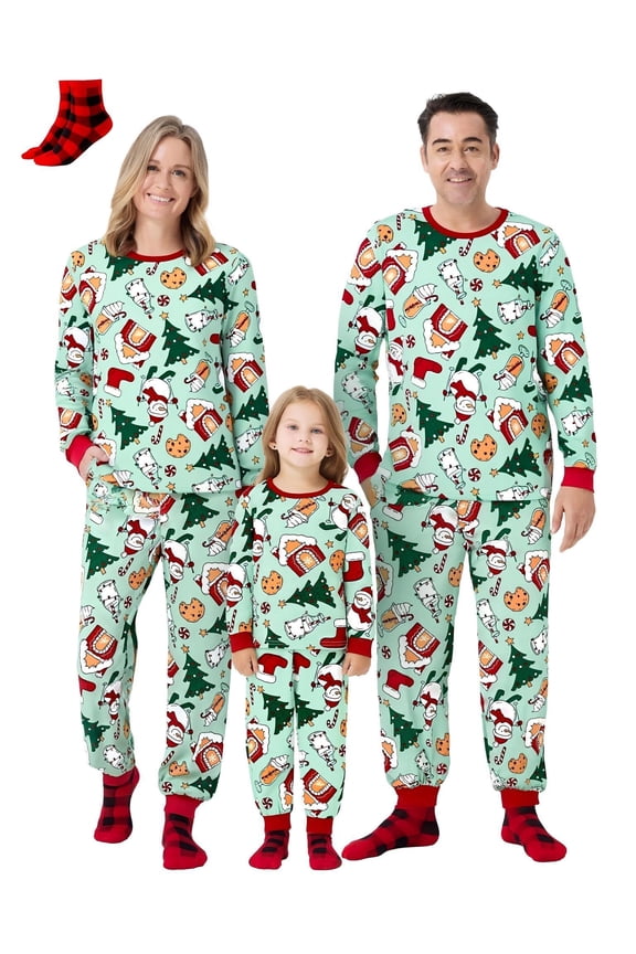 Men’s Pajama Pants Christmas Family Matching Pjs Allover Christmas Tree Snowman Long Sleeve 2 Piece Sleep Sets with Socks, Green, Size XXL