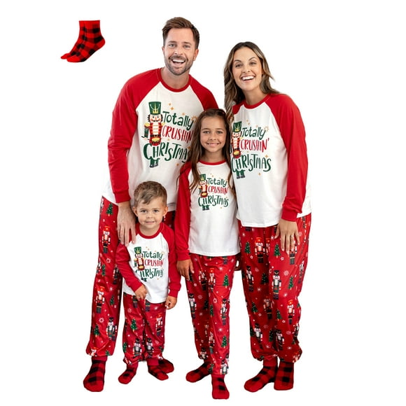 PatPat Christmas Pajamas Family Matching 2 Piece Top & Pants Pjs Sets Nutcracker Totally Crushin' Christmas Letter Print Kids Sleepwear with Socks, Red, 4-5 Years