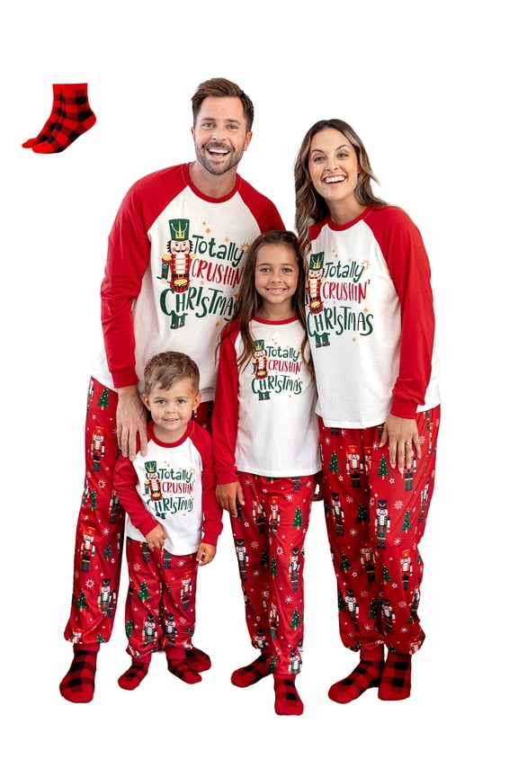 Christmas Pajamas Family Matching 2 Piece Long Sleeve Top & Pants Couple Pjs Sets Nutcracker Totally Crushin' Christmas Letter Print Women Sleepwear with Socks, Red, L
