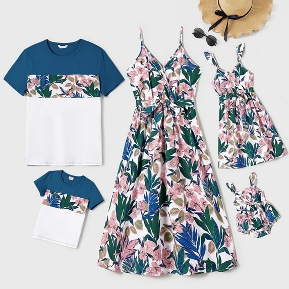 PatPat Family Matching Plant Floral Print Slip Dresses and Colorblock Short-sleeve T-shirts Sets Girl 2-9T