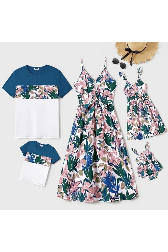 Family Matching Plant Floral Print Slip Dresses and Colorblock Short-sleeve T-shirts Sets Girl 2-9T