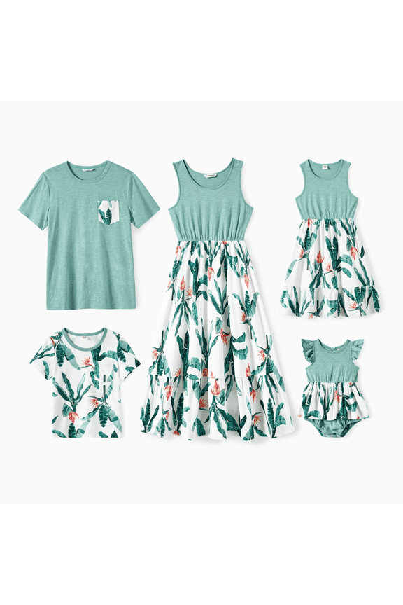 Family Matching Plant Print Panel Ruffle Hem Tank Dresses and Short-sleeve T-shirts Sets, Light Green, Boy 6-7 Years