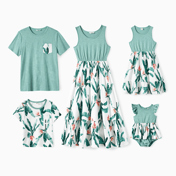 PatPat Family Matching Plant Print Panel Ruffle Hem Tank Dresses and Short-sleeve T-shirts Sets, Light Green, Mom L