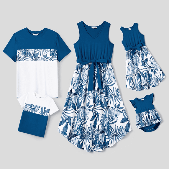PatPat Family Matching Plant Print Splice Belted Tank Dresses and Color Block Short-sleeve T-shirts Sets, Blue, Baby Girl 6-9M