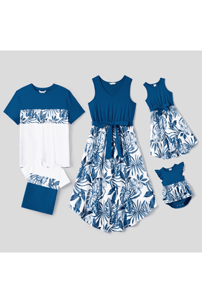 Boy Clothes Toddler Boy Graphic Tees Family Matching Plant Print Color Block Short-sleeve T-shirts Sets, Blue, Boy 6-7 Years