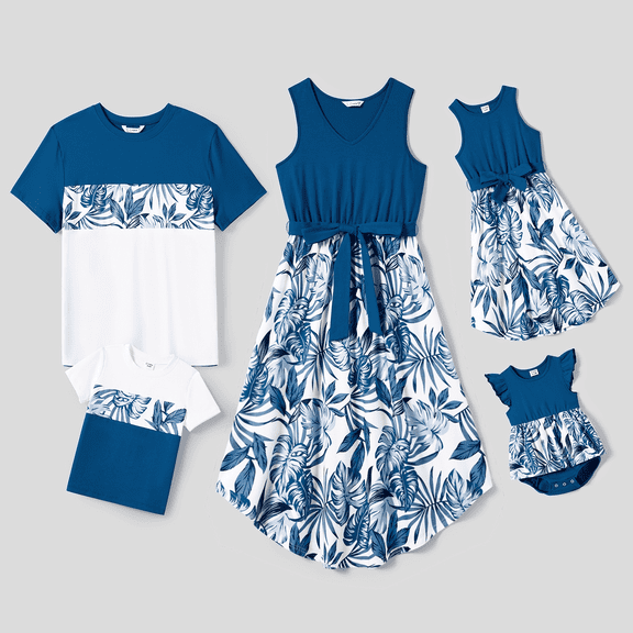 PatPat Women Dresses Casual Plant Print Splice Belted Tank Dresses Family Matching Mommy and Me Dresses, Blue, Mom M