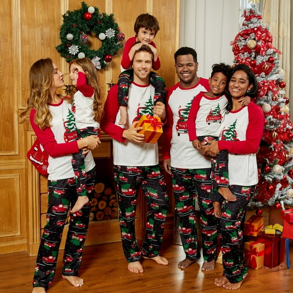 PatPat Family Matching Red Car Carrying Christmas Tree Pajamas Sets,Flame Resistant,2-piece,Sizes Baby-Kids-Adult,Unisex