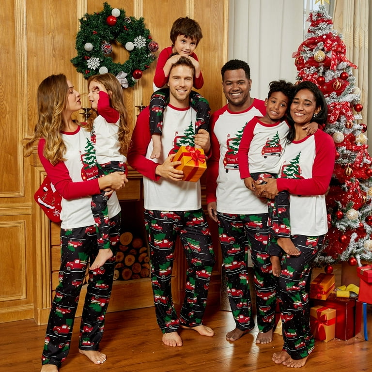 PatPat Family Matching Red Car Carrying Christmas Tree Pajamas Sets Flame Resistant 2 piece Sizes Baby Kids Adult Unisex