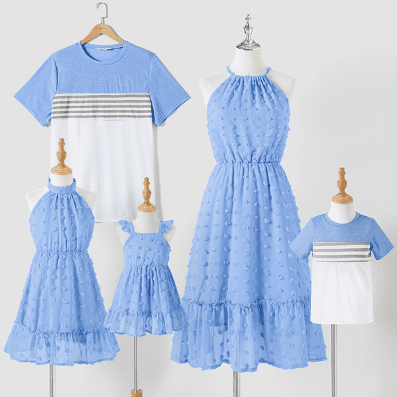 PatPat Family Matching Short-sleeve Striped Colorblock T-shirts Sets, Light Blue, Dad L