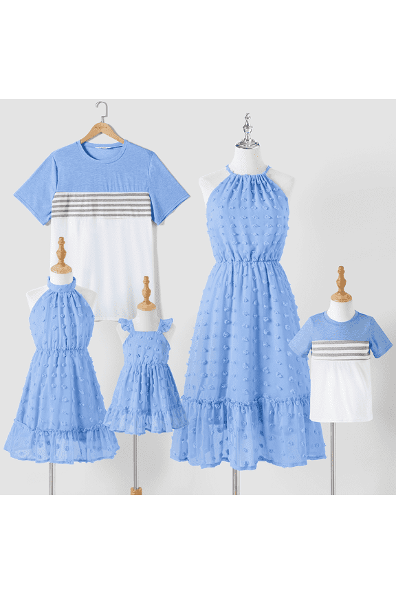 Family Matching Short-sleeve Striped Colorblock T-shirts Sets, Light Blue, Dad L