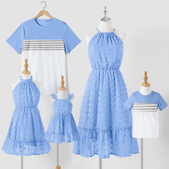PatPat Family Matching Short-sleeve Striped Colorblock T-shirts Sets, Light Blue, Dad M
