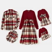 PatPat Family Matching Solid Ribbed Spliced Plaid Belted Dresses and Long-sleeve Button Up Shirts